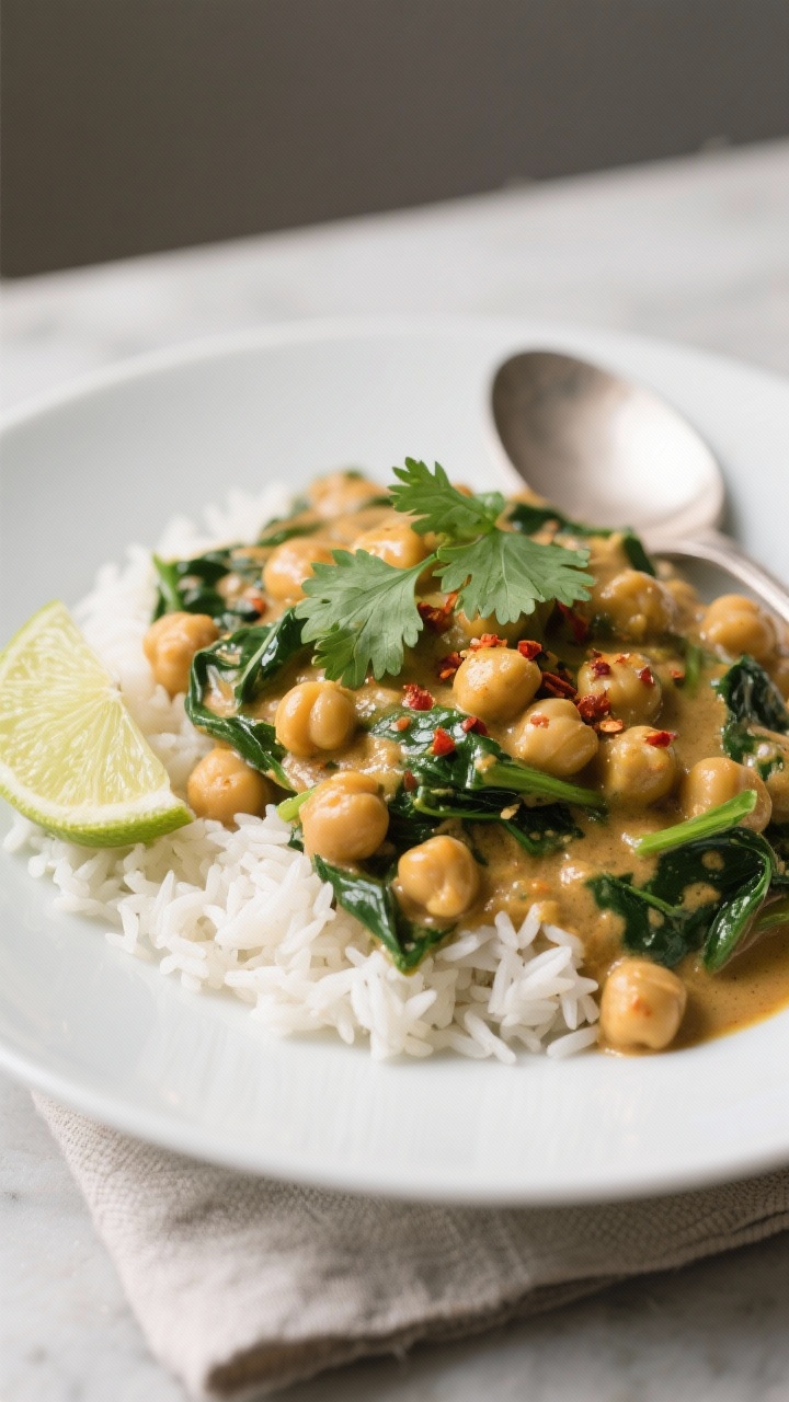Final plated dish: 15-Minute Chickpea Curry — creamy coconut curry with chickpeas and just-wilted