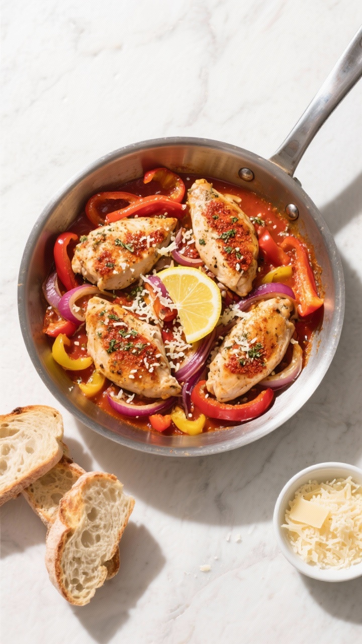Tasty top view: One-Pan Italian Chicken and Peppers — overhead shot of thin-sliced paprika- and It