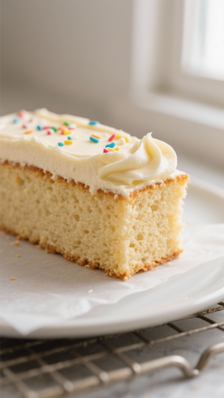Close-up detail: A freshly baked vanilla sheet cake slice with a tender, moist crumb and even rise, 