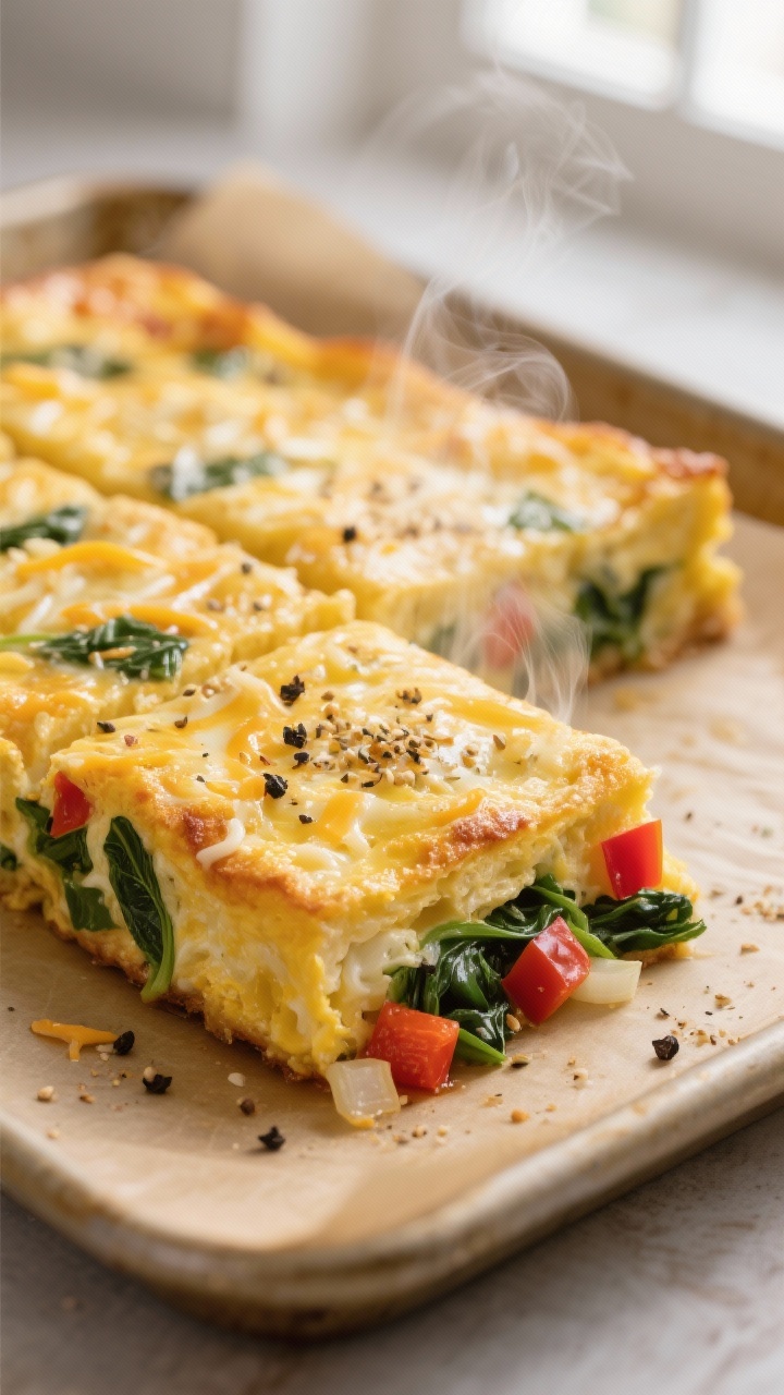 Close-up detail: A golden, fluffy sheet-pan egg square just cut into portions, edges slightly crisp