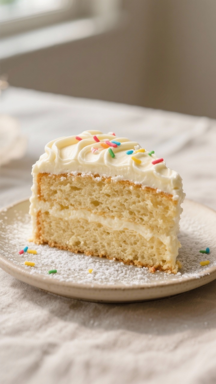 Close-up detail: A slice of classic vanilla cake just cooled and lightly frosted, showing a soft, mo