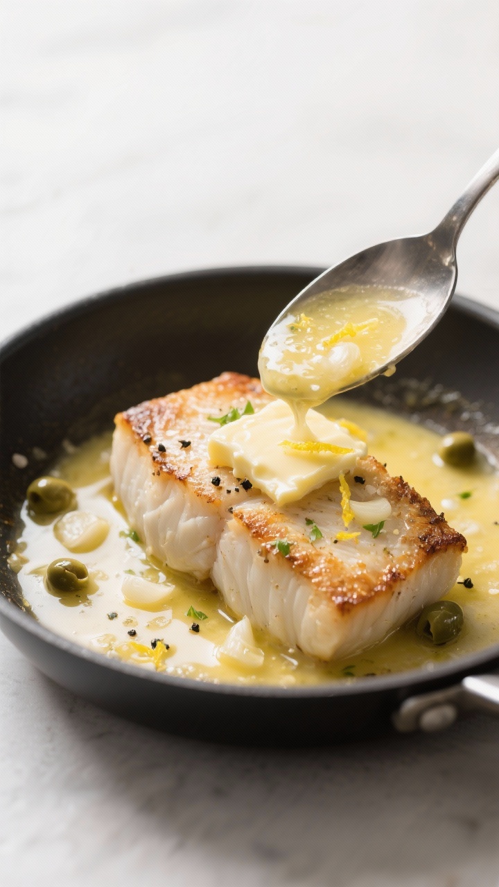 Close-up detail: Garlic-lemon butter pan sauce spooned over seared white fish in a stainless skillet