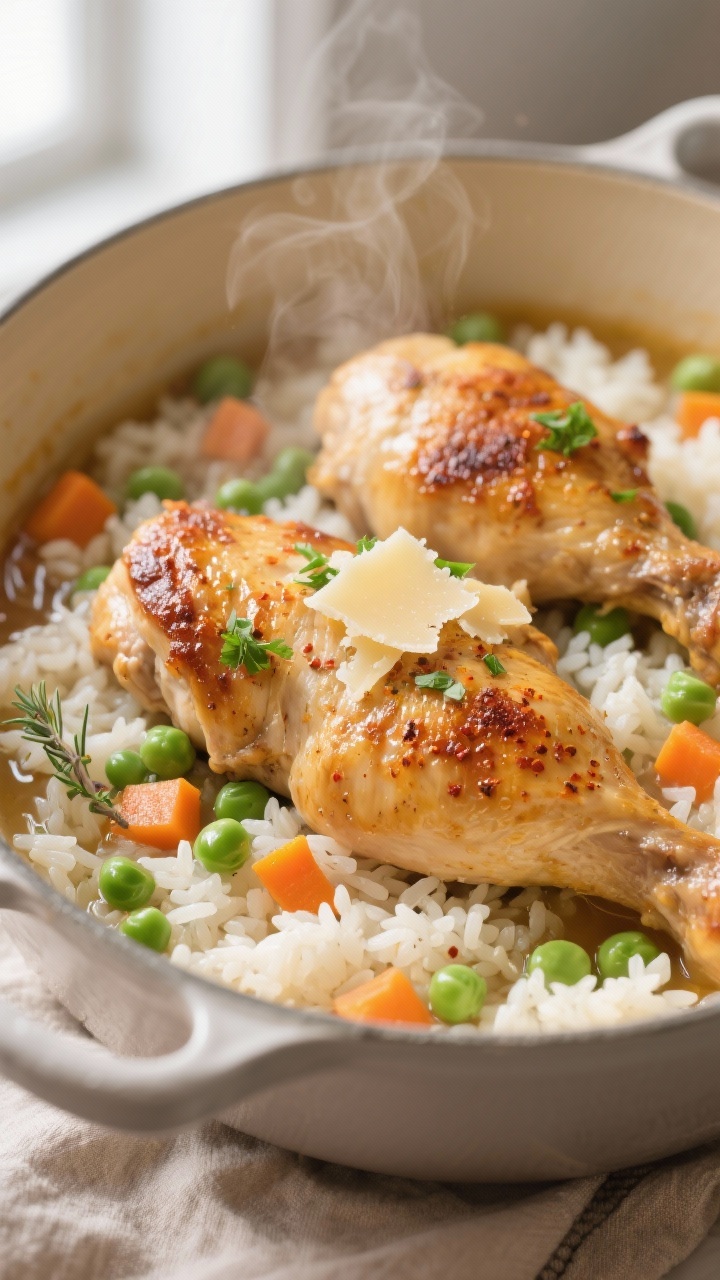 Close-up detail: Golden-browned chicken thigh pieces nestled in fluffy long-grain white rice, peas a