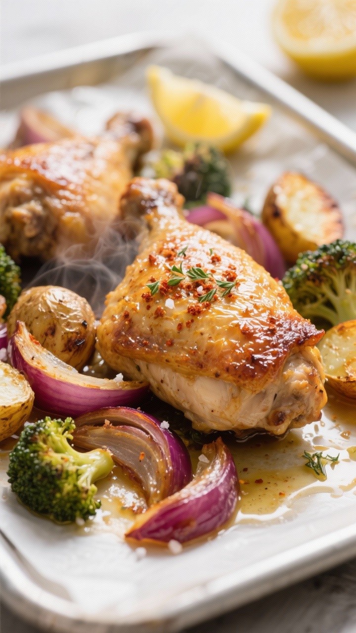 Close-up detail: Golden, crackly-skinned roasted chicken thighs resting on caramelized red onion wed