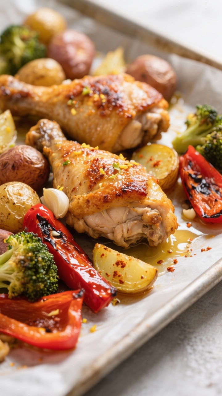 Close-up detail: Golden, crispy-skinned chicken thighs nestled among caramelized baby potatoes, blis