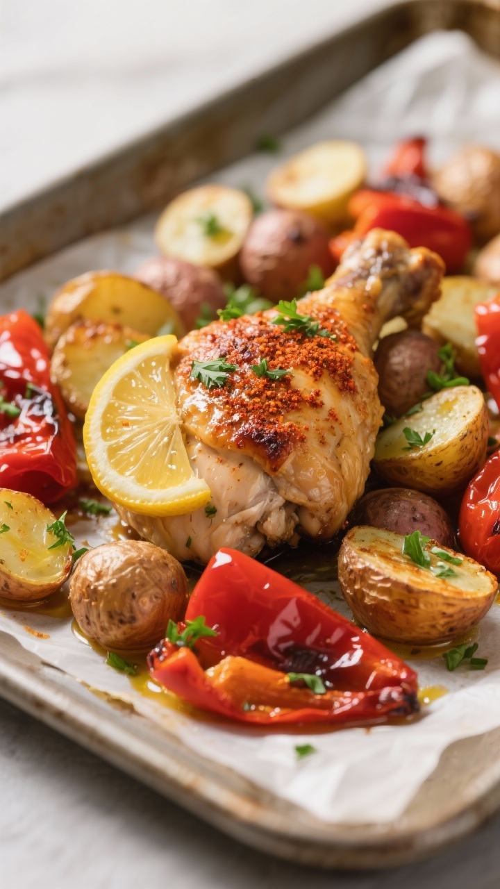 Close-up detail: Juicy lemon-herb roasted chicken thigh nestled among caramelized baby potatoes and 