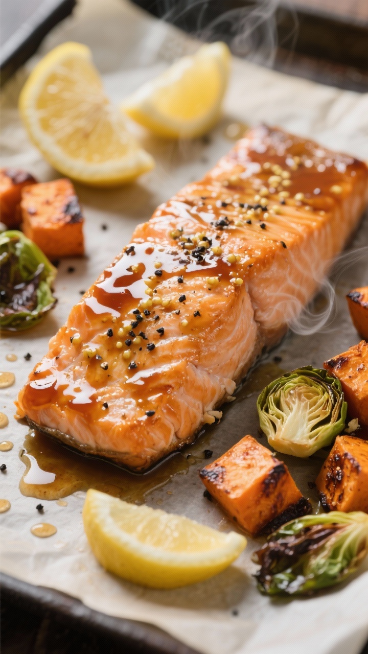 Close-up detail of Maple Mustard Salmon: lacquered salmon fillet with sticky Dijon-maple glaze and b