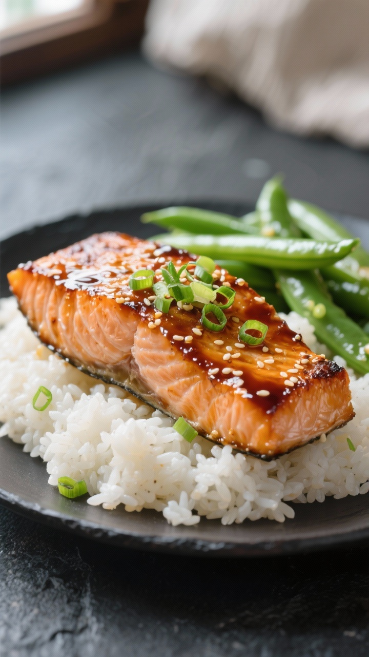 Close-up detail: Pan-seared honey soy salmon glazed in a glossy soy-honey-lime reduction, caramelize