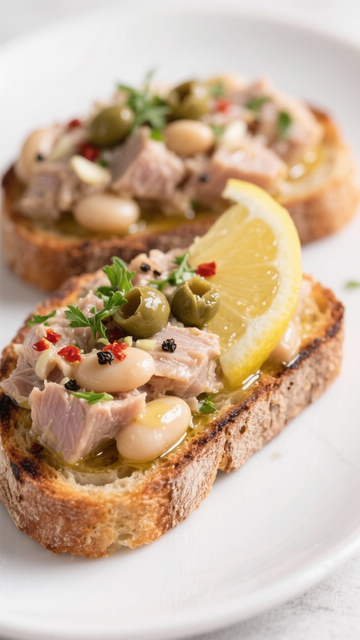 Close-up detail, plated toast: Tuna White Bean Toasts on thick, rustic grilled bread; glossy tuna an