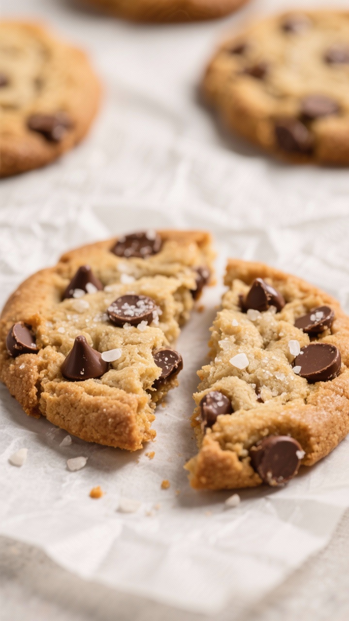 Close-up detail shot: A just-baked chocolate chip cookie broken in half on parchment, molten semi-sw