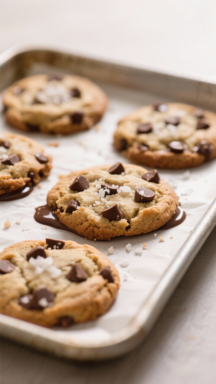 Close-up detail shot: A tray of freshly baked classic chocolate chip cookies just out of the oven, e