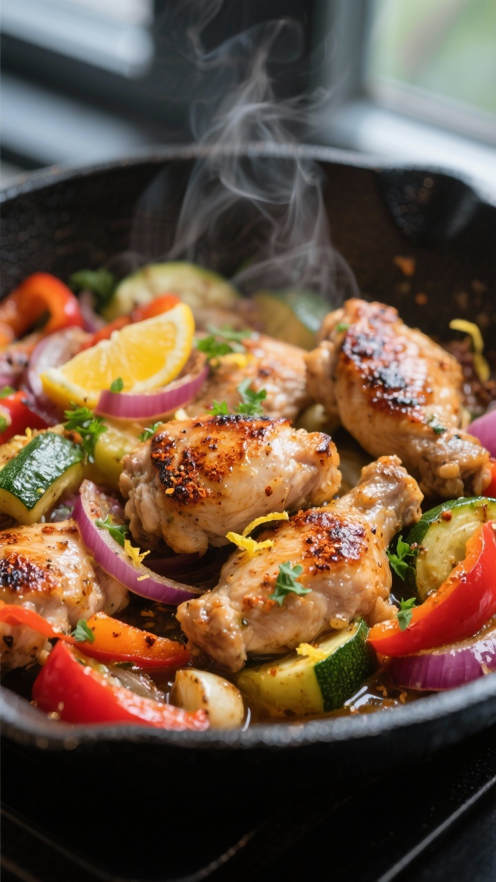 Close-up detail: Skillet-seared chicken thigh bites tossed with citrus-garlic-herb marinade, glisten