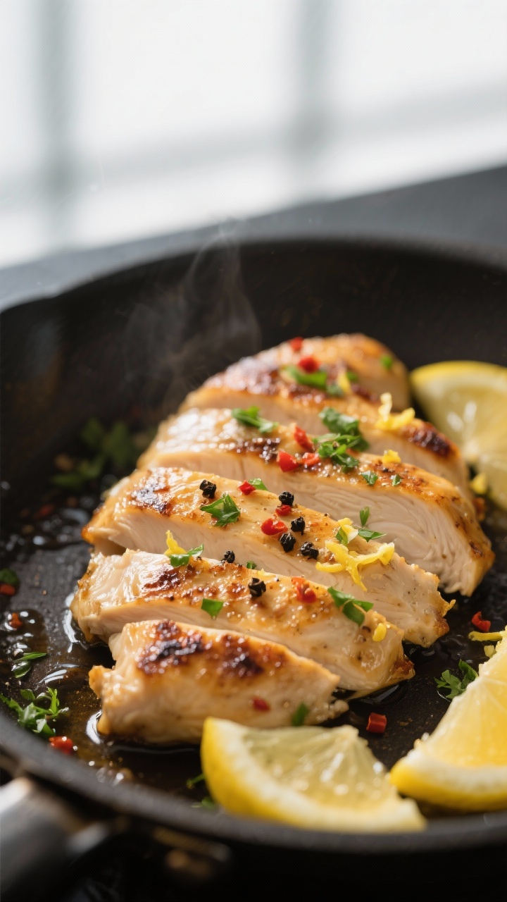 Close-up detail: Sliced lemon-herb chicken just off the skillet, golden sear with light char edges a