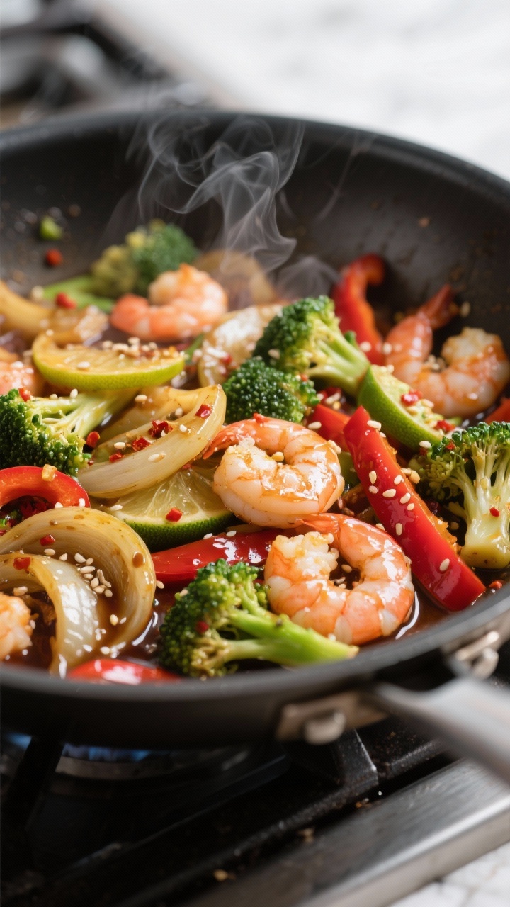 Cooking process: 15-Minute Stir-Fry sizzling in a wide stainless skillet—golden-edged onion slices