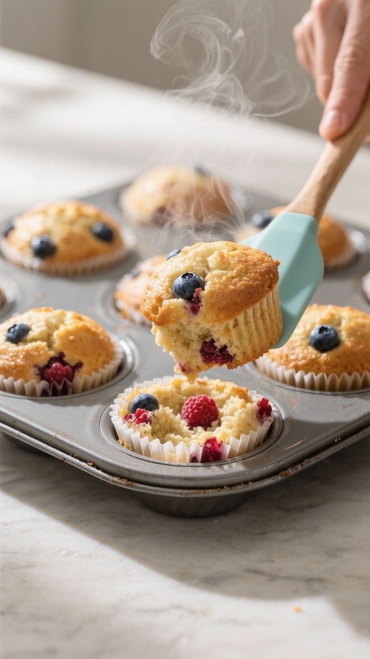 Cooking process action: One-bowl berry muffins just out of the oven in a lined muffin tin, domed gol