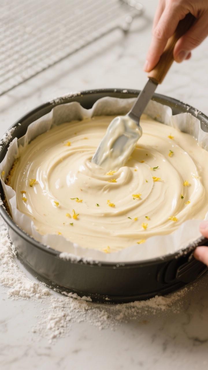 Cooking process: Batter being poured and leveled into a parchment-lined 9-inch round cake pan, thick