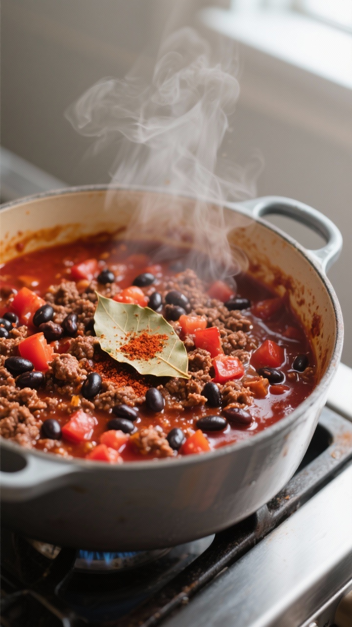 Cooking process — Beef and bean chili simmering: A close-up, three-quarter angle of a heavy pot on