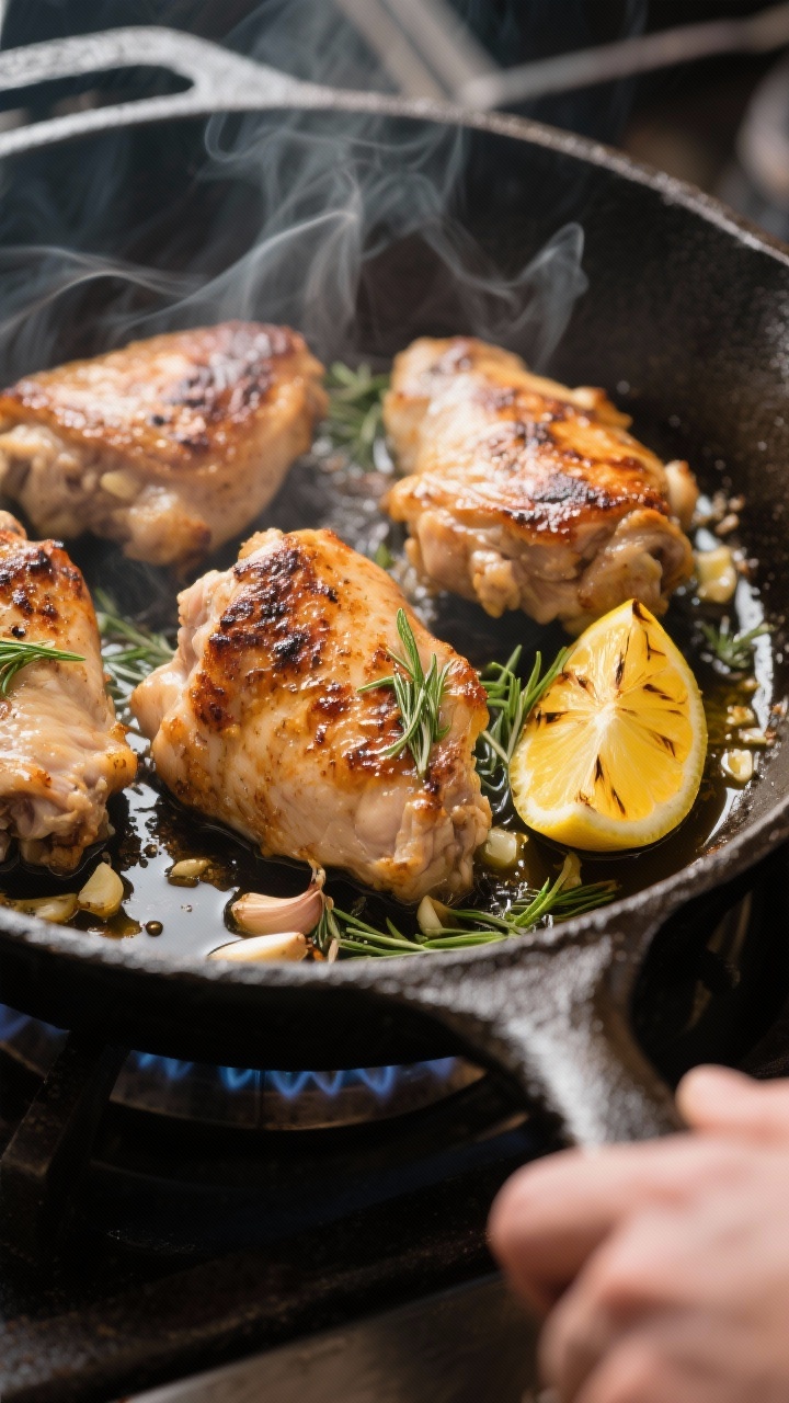 Cooking process: Chicken thighs sizzling in a cast-iron skillet over medium-high heat, showing activ