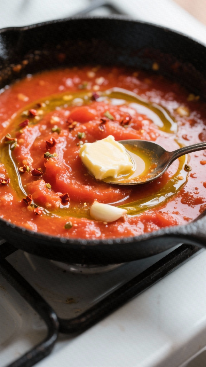 Cooking process, close-up detail: A skillet of simmering quick tomato pan sauce with visible ribbons