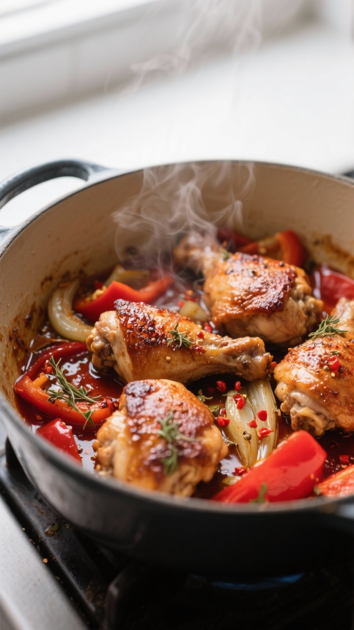 Cooking process, close-up detail: Close-up of a Dutch oven on the stove with bite-size browned chick