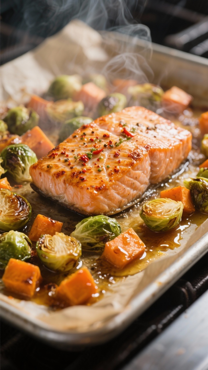 Cooking process, close-up detail: Close-up of a sizzling one-pan roast mid-cook at 425°F, showing c