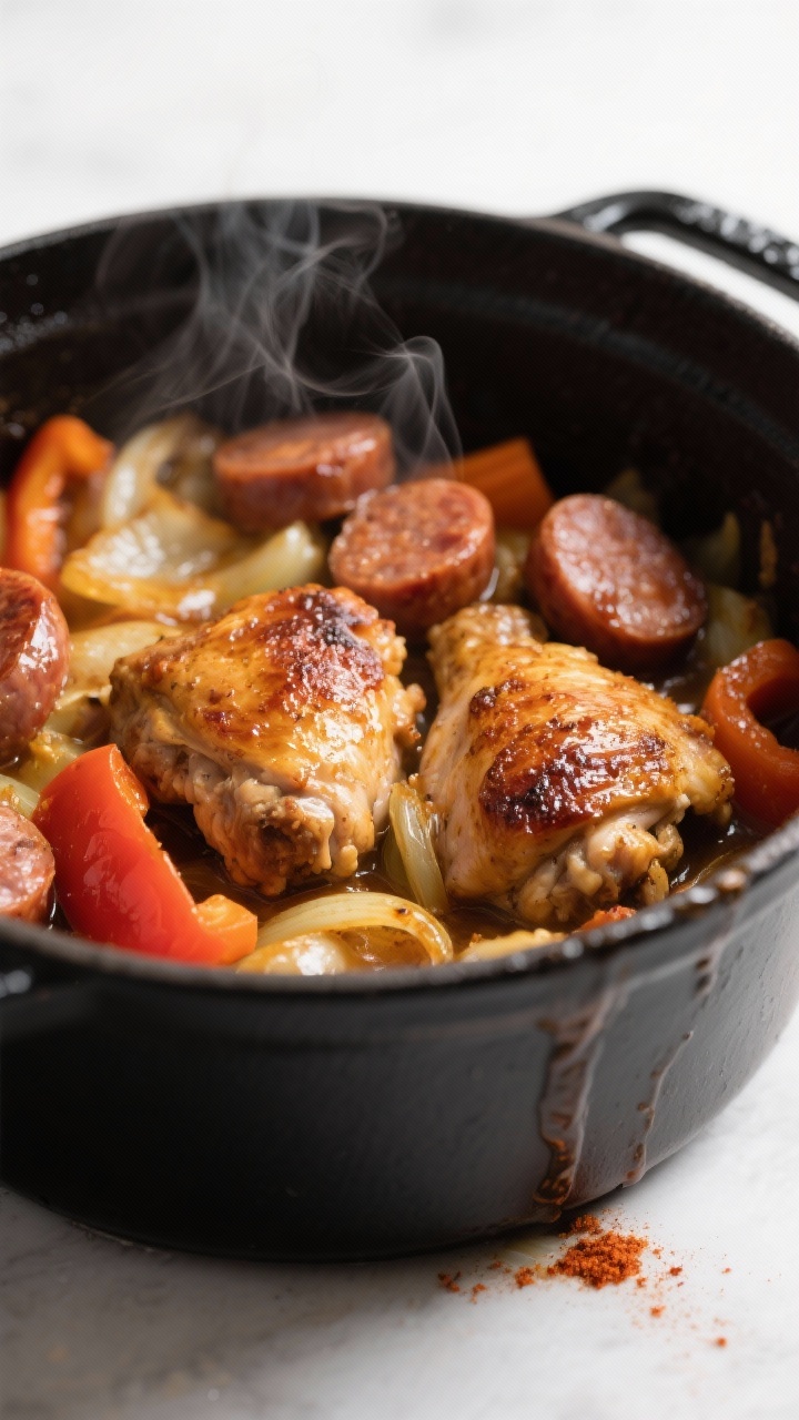 Cooking process, close-up detail: Sizzling browned chicken thigh pieces and Italian sausage coins ne