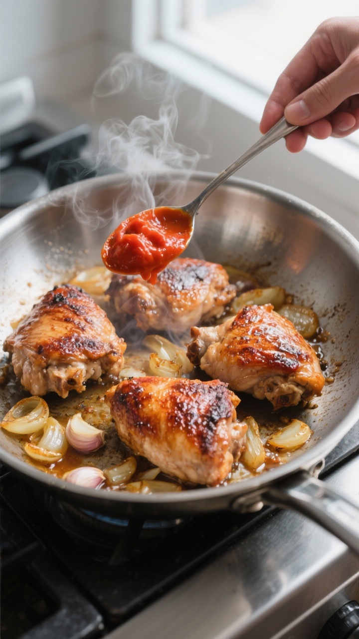 Cooking process, close-up detail: Sizzling, deeply browned chicken thighs in a stainless-steel pan r
