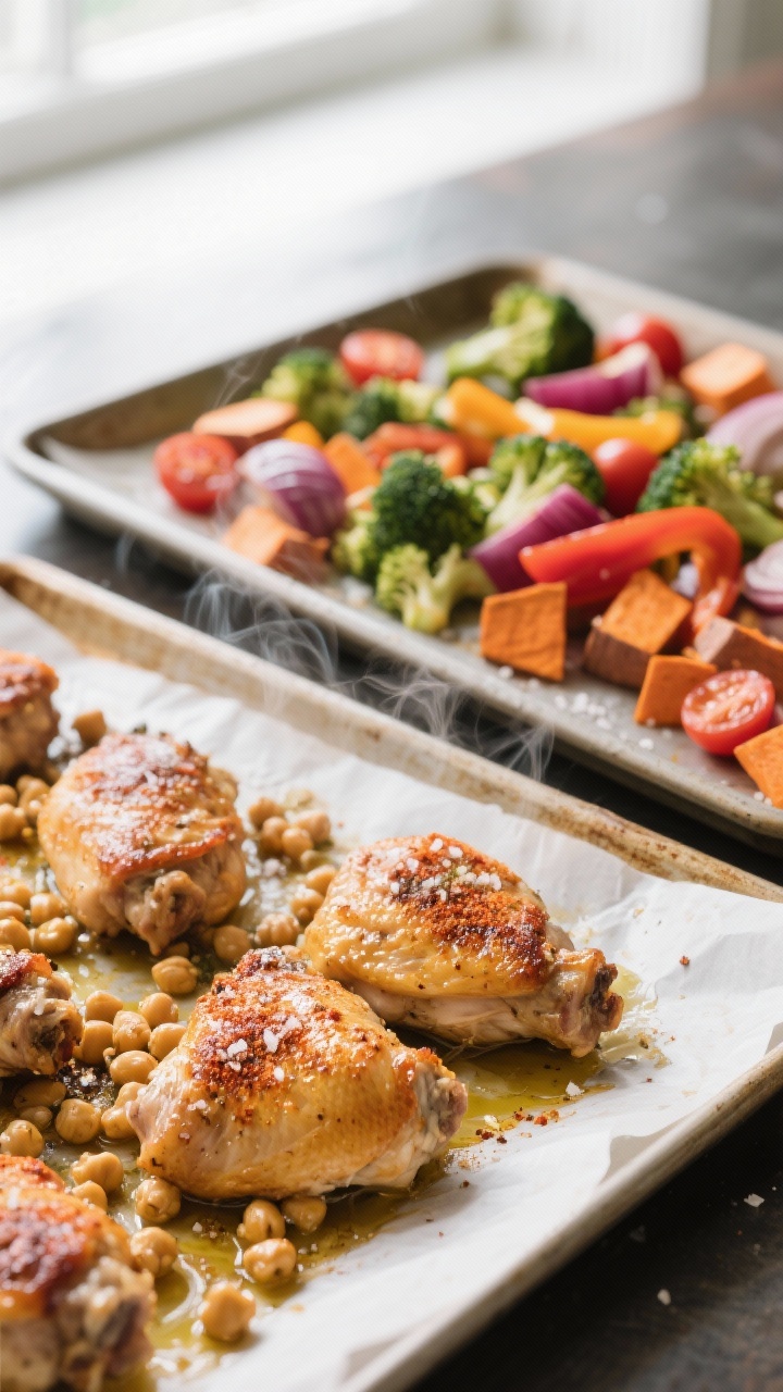 Cooking process close-up: Golden roasted chicken thighs and spiced chickpeas on separate parchment-l