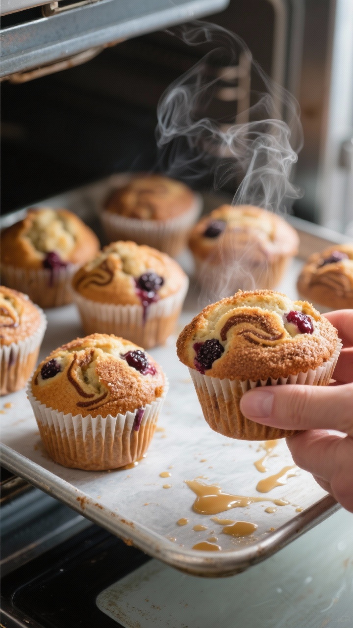 Cooking process: Everyday muffins being pulled from the oven in a tin—domed, springy tops with a c