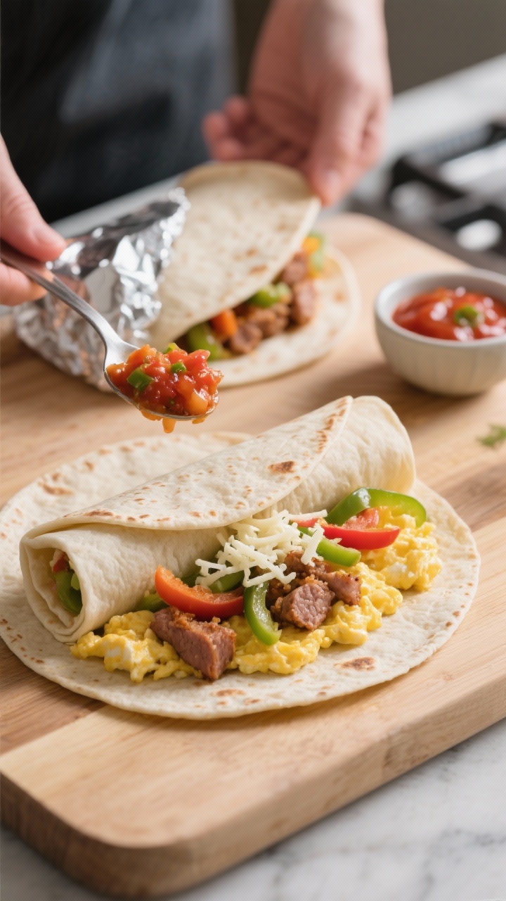 Cooking process: Freezer-friendly breakfast burritos being assembled on a warmed tortilla—layer of