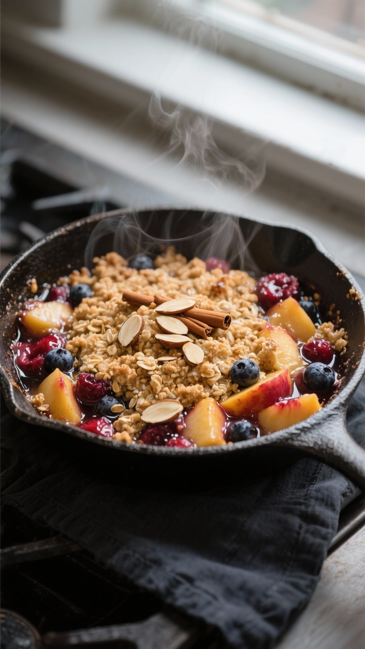 Cooking process – Fruit skillet crisp bubbling in a small oven-safe cast iron skillet on the stove