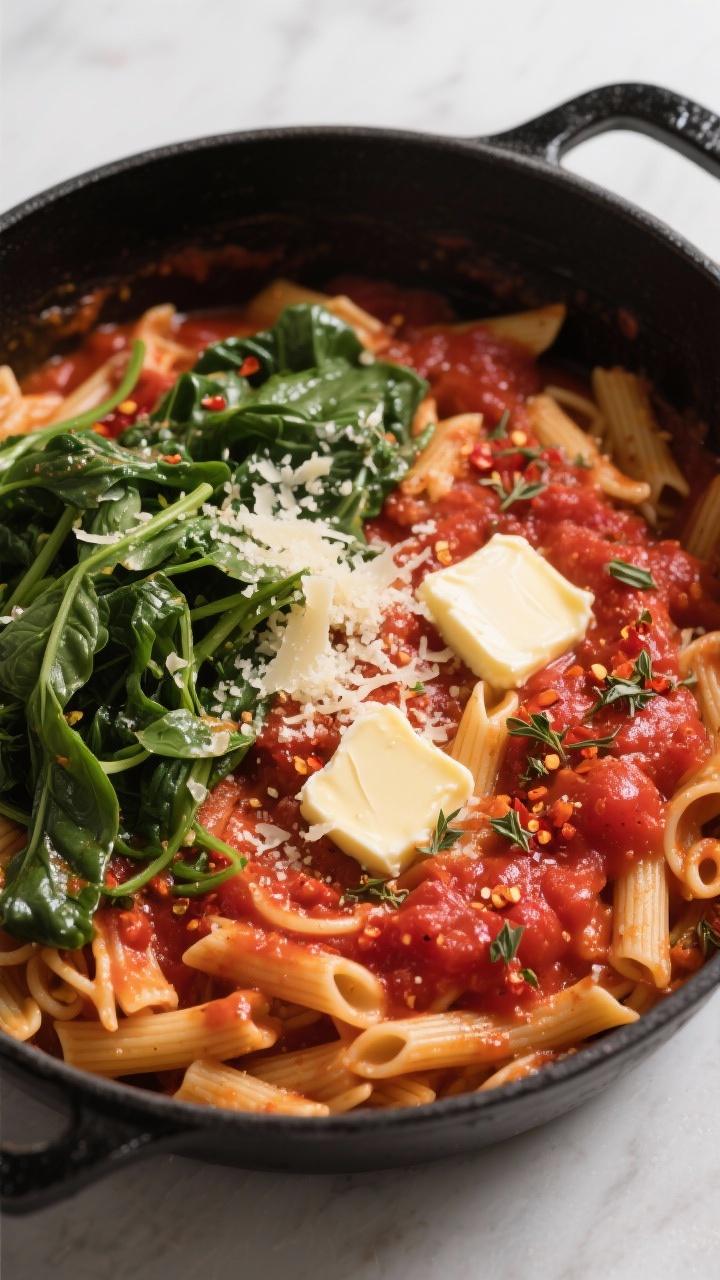 Cooking process overhead: One-pot tomato butter pasta mid-simmer in a matte black pot—short pasta