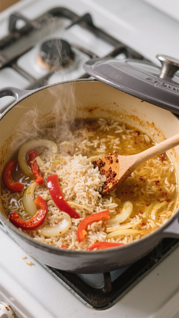 Cooking process: Overhead shot of a Dutch oven mid-simmer showing the rice gently bubbling in season