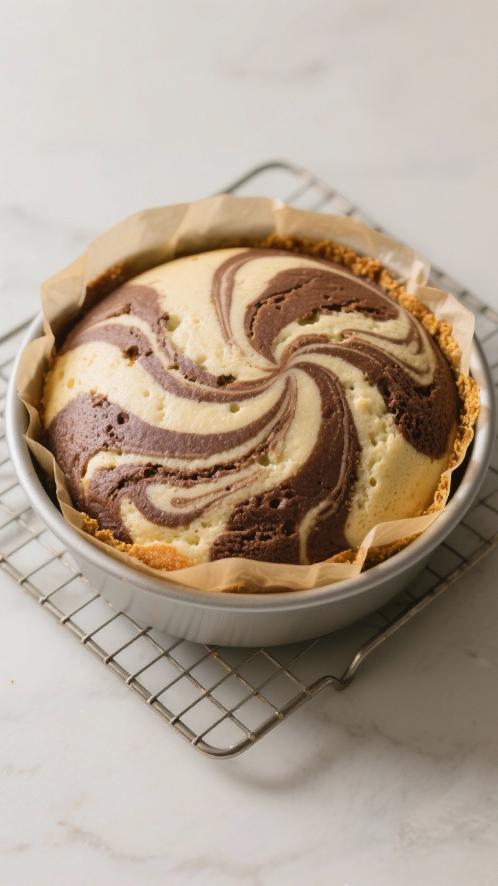 Cooking process: Overhead shot of freshly baked marble cake in an 8-inch round pan, parchment-lined,