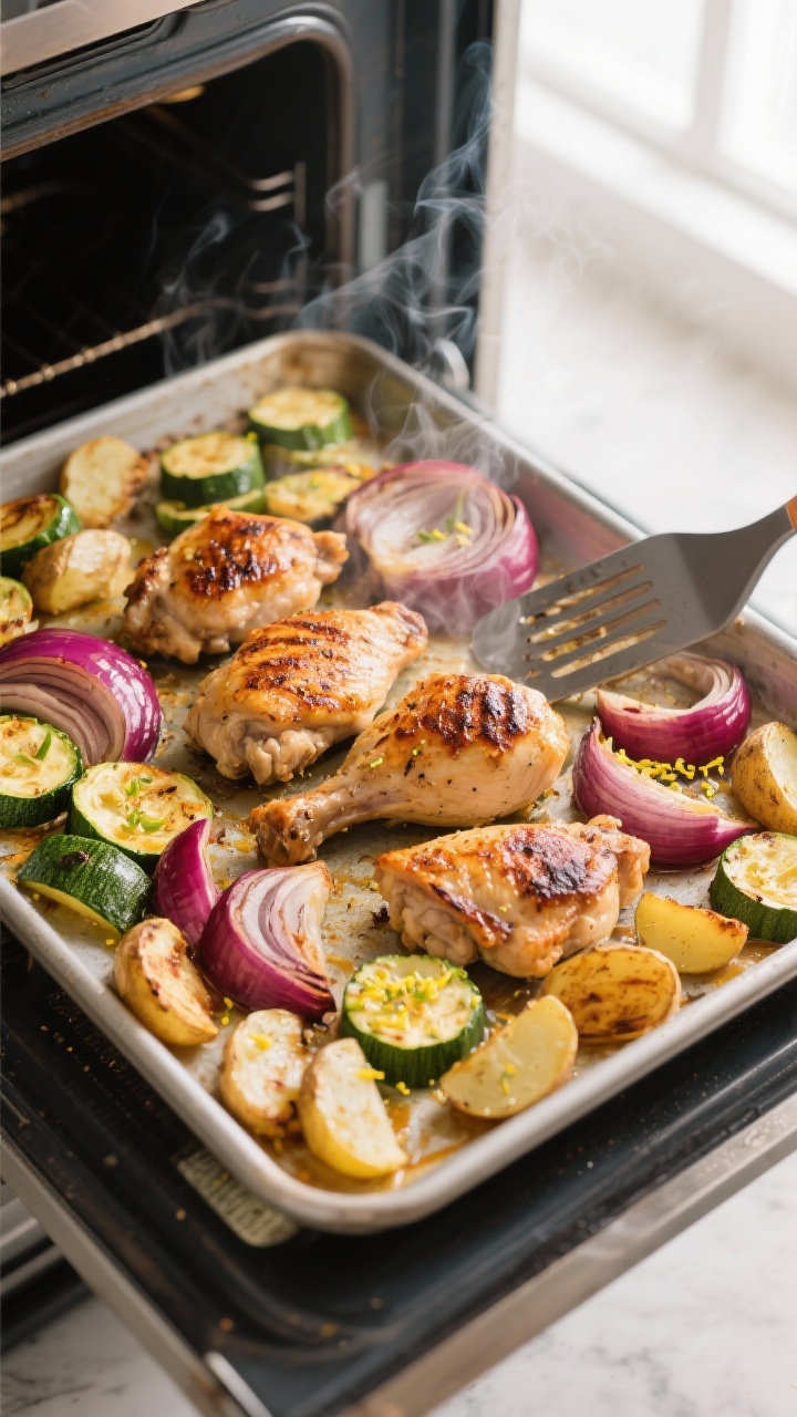 Cooking process: Overhead shot of the sheet pan mid-roast just pulled from a 425°F oven—chicken p