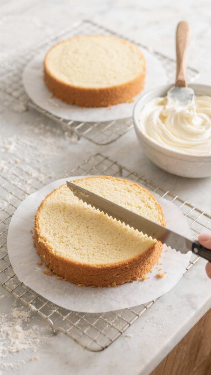 Cooking process: Overhead shot of two 8-inch round cake layers cooling on wire racks, parchment circ