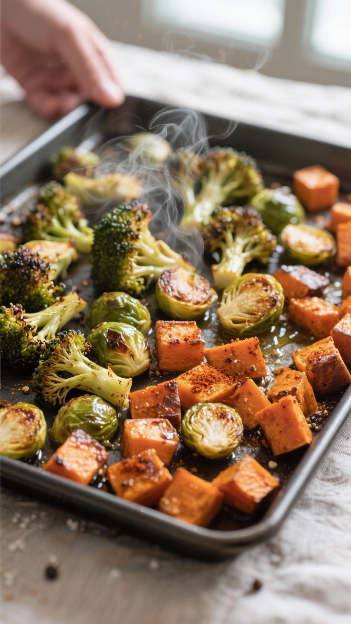 Cooking process, roasted veggies: Sheet pan of roasted broccoli, Brussels sprouts, and sweet potato 