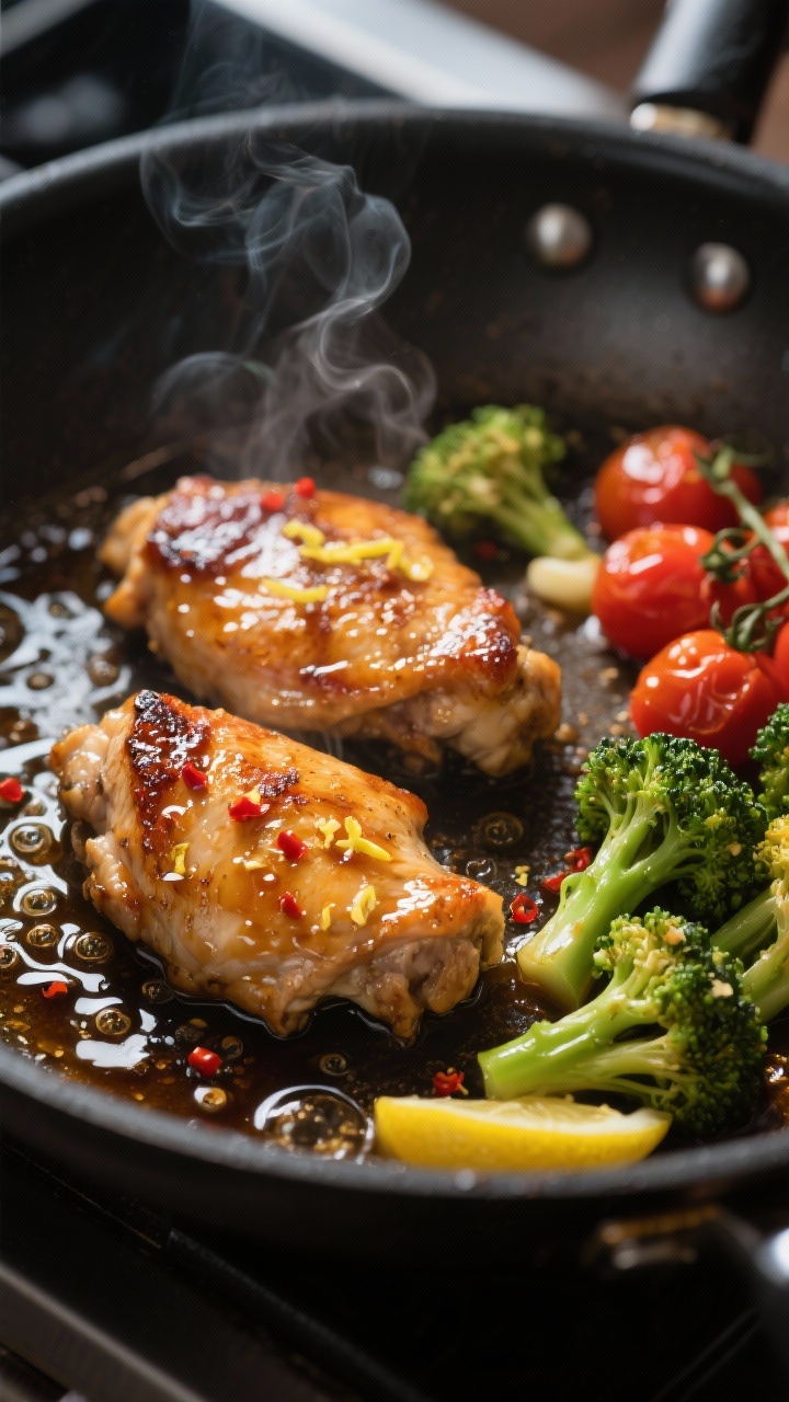 Cooking process — Searing and glazing: Boneless chicken thighs searing in a hot stainless skillet,