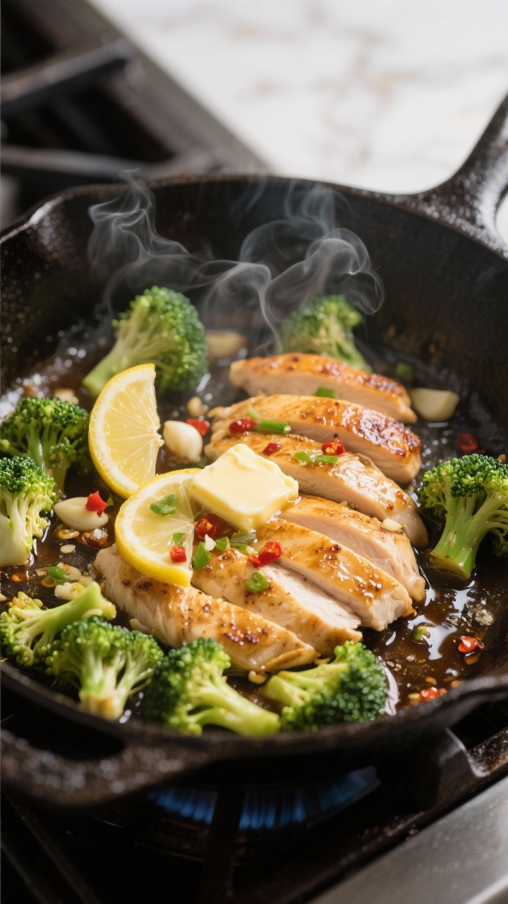 Cooking process — Searing and sautéing: Thinly sliced lemon-garlic chicken and broccoli florets s
