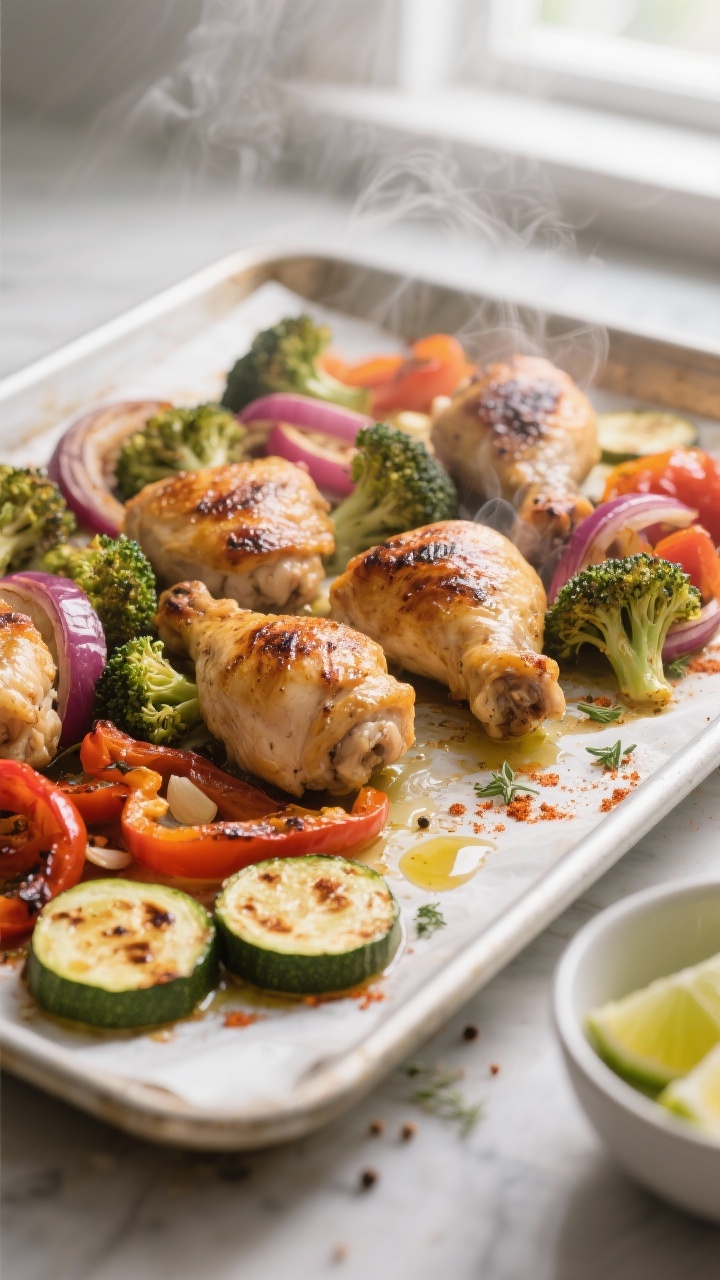 Cooking process, sheet-pan close-up: Roasted chicken and vegetables just out of the oven on parchmen