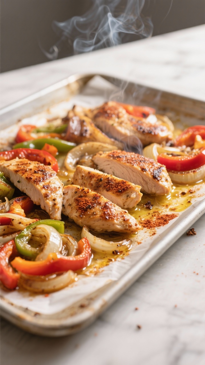 Cooking process – sheet-pan fajitas: Juicy strips of seasoned chicken, blistered bell peppers, and