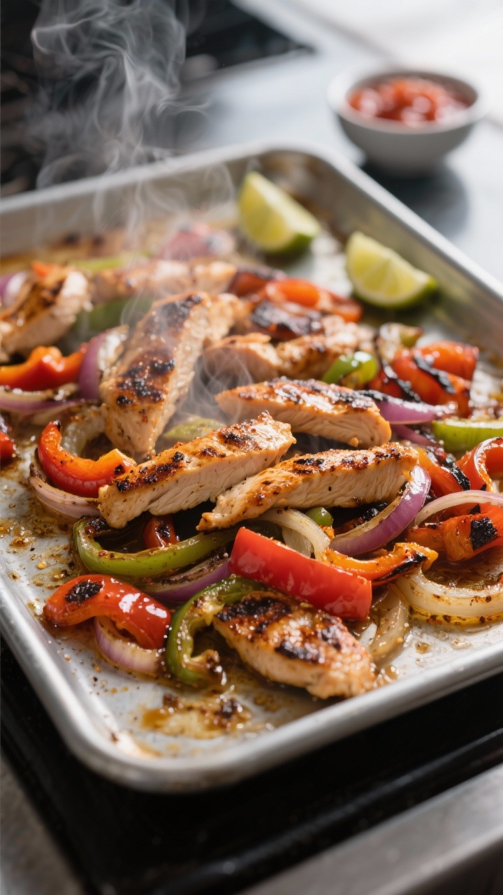 Cooking process – Sheet Pan Fajitas: Sizzling, fully-cooked chicken strips and charred bell pepper