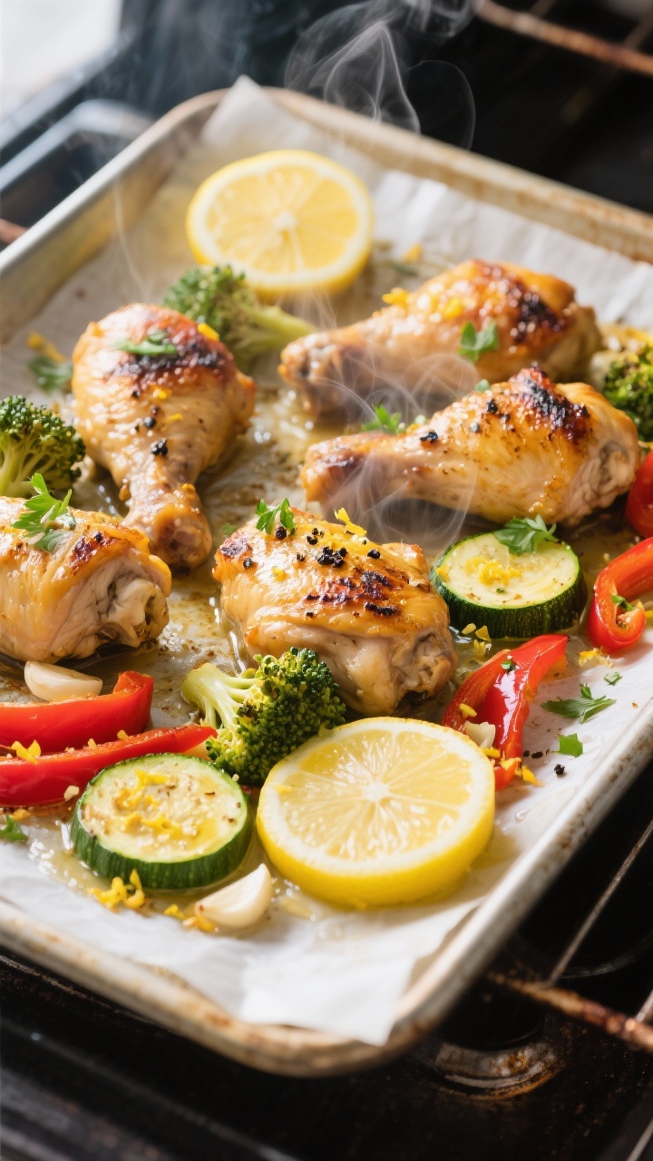 Cooking process: Sheet pan lemon garlic chicken and veggies roasting at 425°F, showing golden chick