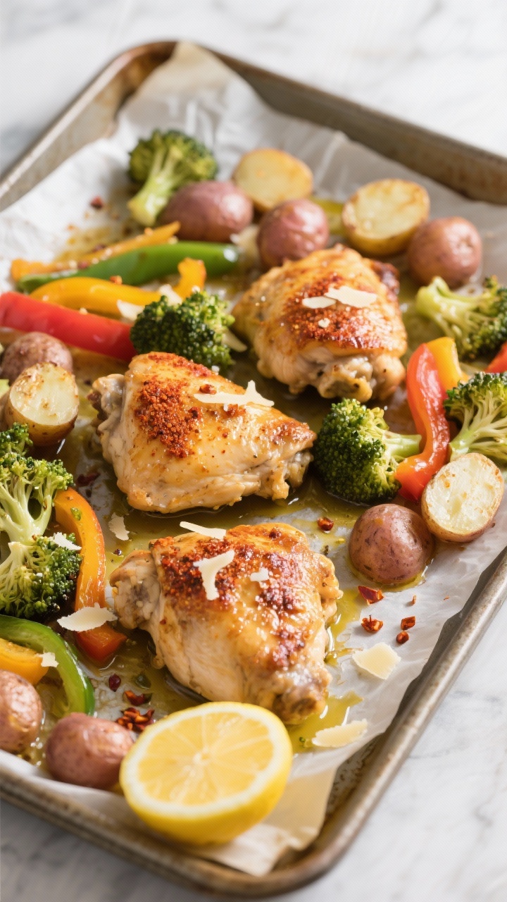 Cooking process, sheet pan: Overhead shot of roasted lemon-garlic chicken thighs with broccoli flore