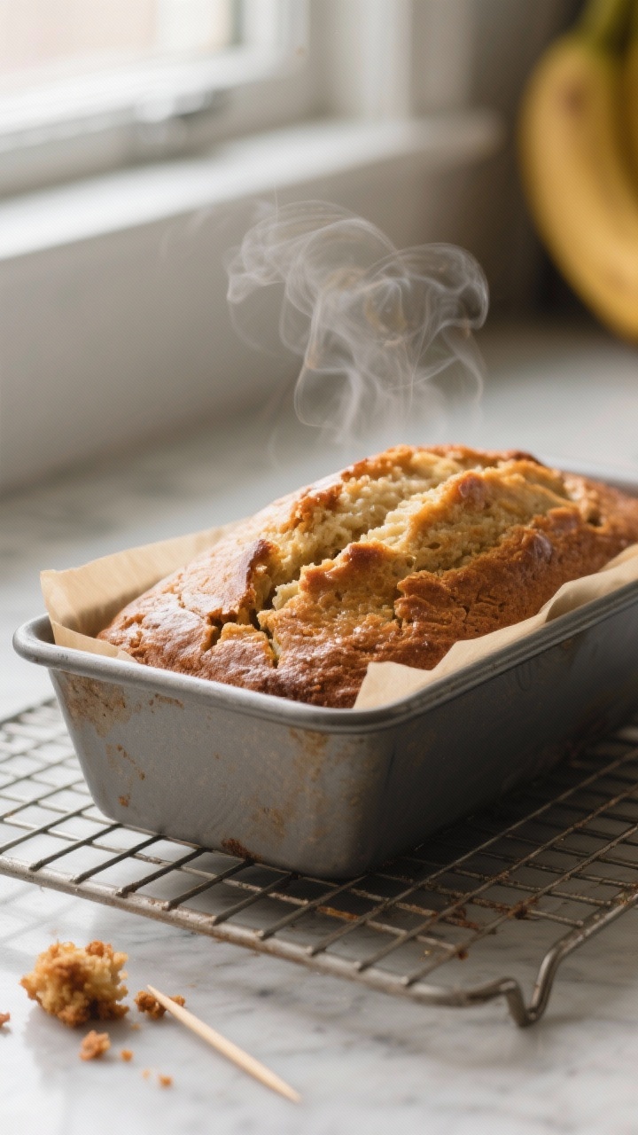 Cooking process shot: Banana bread loaf cooling after bake—still in a parchment-lined 9x5-inch pan