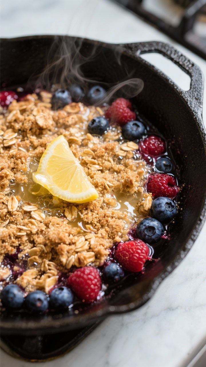 Cooking process: Skillet berry crisp on the stovetop at the bubbly stage, overhead shot showing jewe