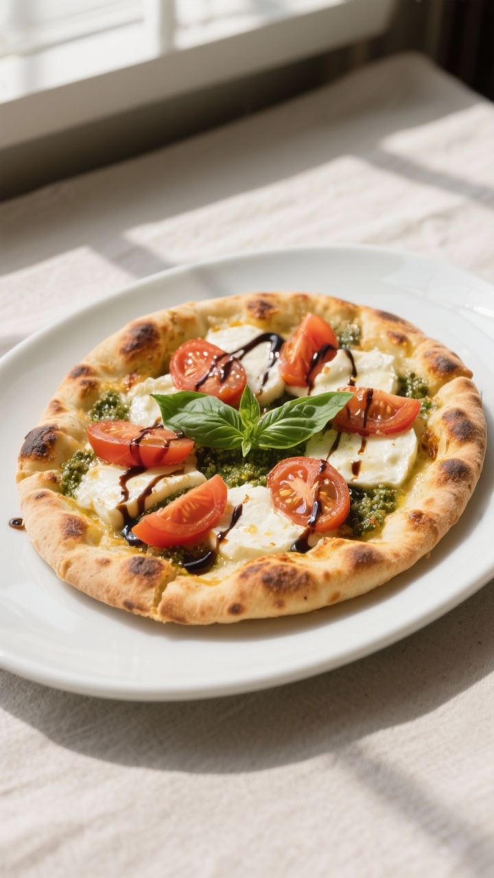 Final dish, beautifully plated: Caprese naan pizza just broiled—golden-edged naan with melted, bli