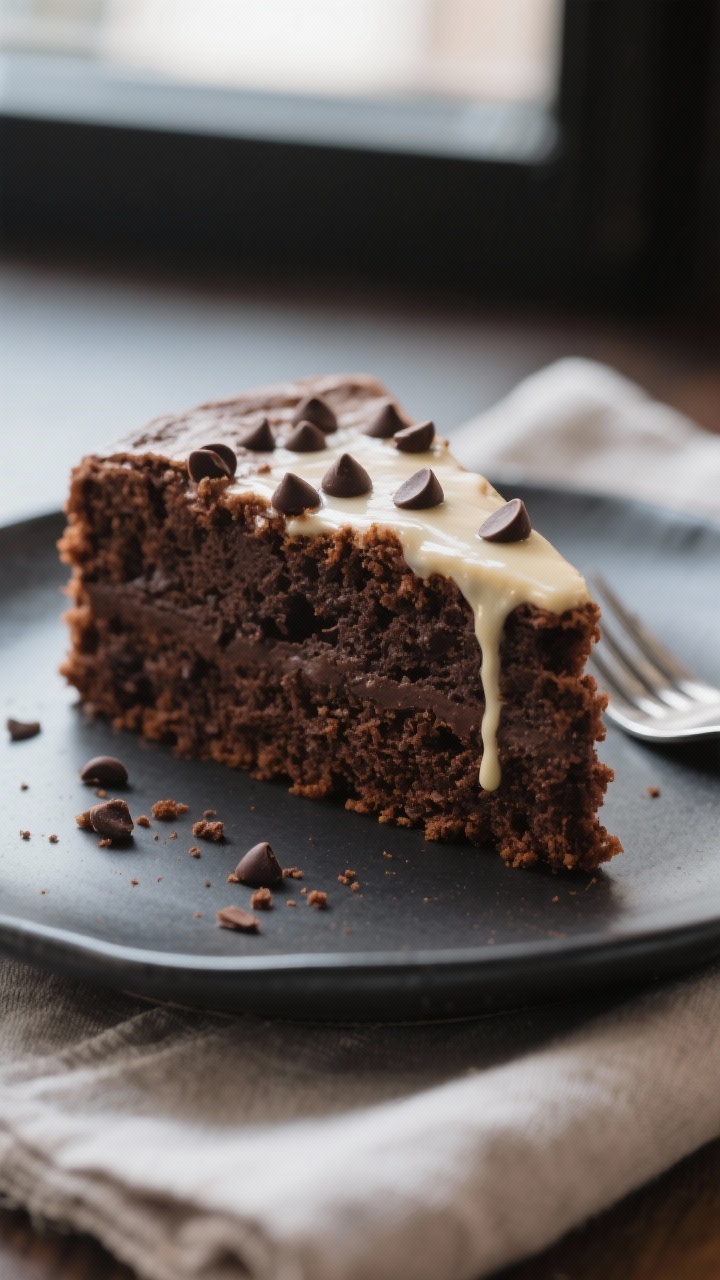Final dish close-up: Moist chocolate cake slice on a matte charcoal plate, tight macro focus on the 