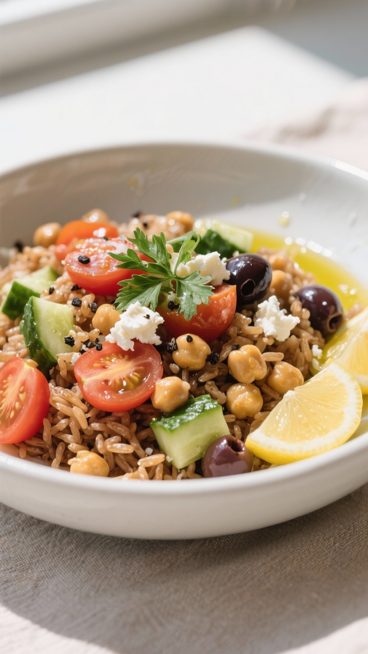 Final dish — Mediterranean Bowl: Beautifully plated brown rice bowl topped with warm chickpeas, ju