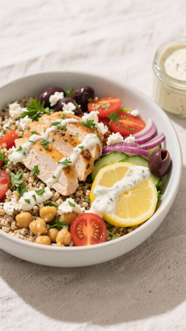 Final dish — Mediterranean bowl: Beautifully plated Mediterranean meal-prep bowl with quinoa base,